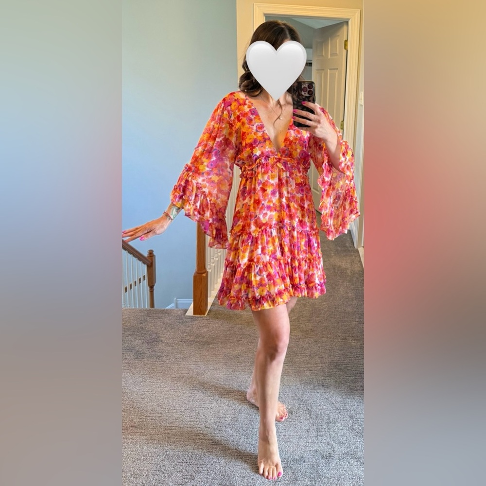 Misa Los Angeles-Floral V-Neck Dress with Ruffle Sleeves